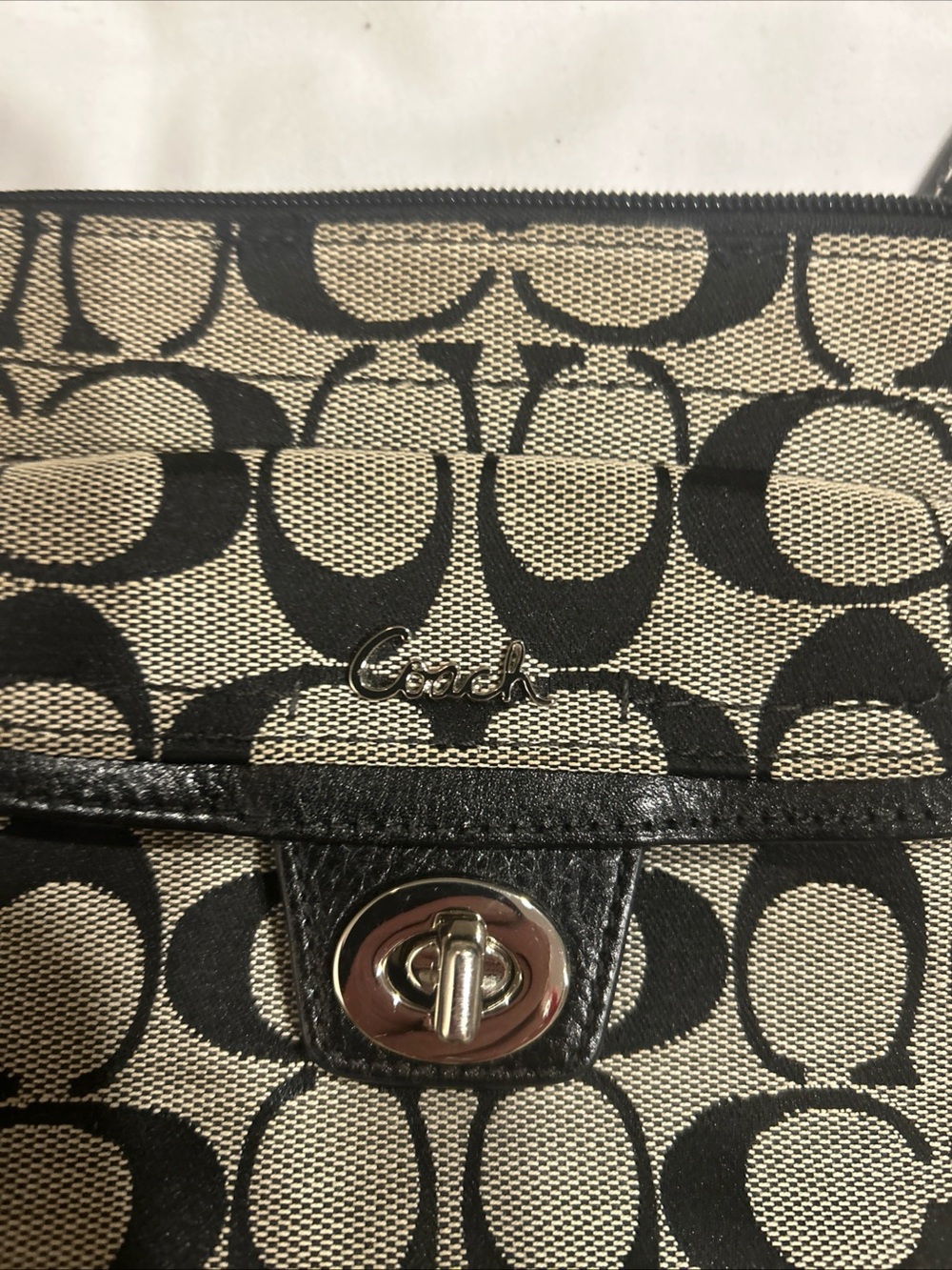 Coach Black and Khaki Signature Canvas Turnlock Shoulder Bag